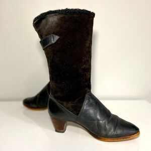 VINTAGE black suede heeled buckled boots. Lined